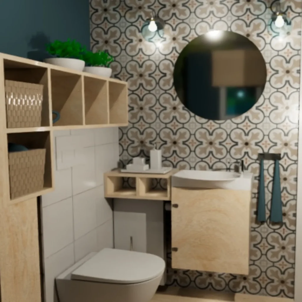 Projekt wnętrza małej łazienki w stylu baho – mocny akcent płytek z ornamentem hiszpańskim