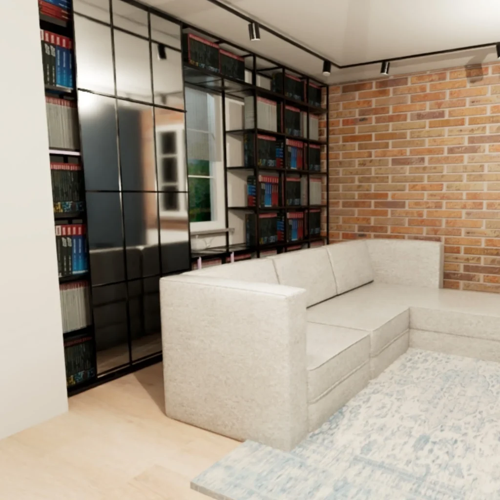 Projekt salonu otwartego w stylu industrialnym. Cegła surowa, drzwi przesuwne z lustrem do zabudowy meblowej, wykonanie wizualizacji i porada online